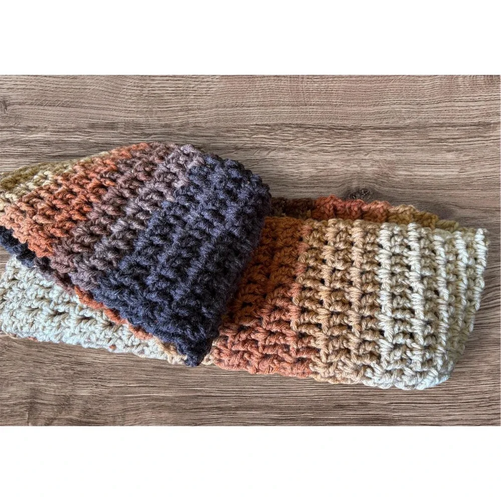 Scarf Handmade Latte Stripe Multi Browns 5.5 x 80” Crochet free shipping Thick &
